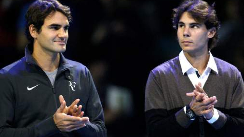 Rodžers Federers un Rafaels Nadals pirms nedēļas turnīra atklāšanas ceremonijā
Foto: AP/Scanpix