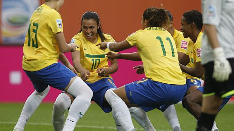 Brazīlijas futbolistes atzīmē gūtos vārtu
Foto: AP/Scanpix