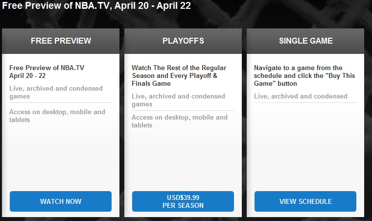 NBA.TV  tiešraides pieejamas par brīvu no 20. - 22.  aprīlim.