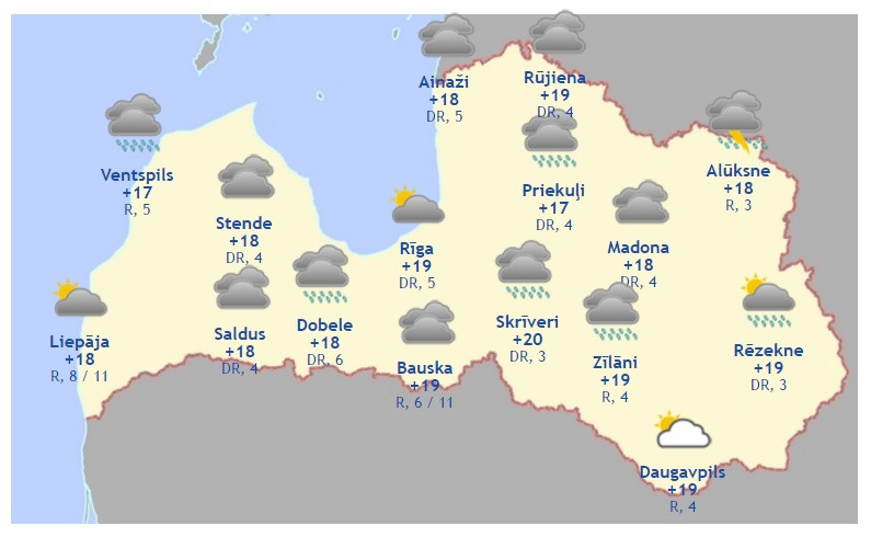 Laika prognoze šodienai – 14. augustam