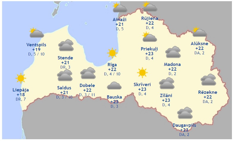 Laika prognoze šodienai – 19. augustam